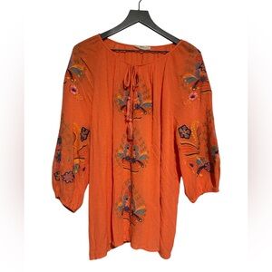 Farmers Market Orange Embroidered Front Tie Boho Blouse Size 2X